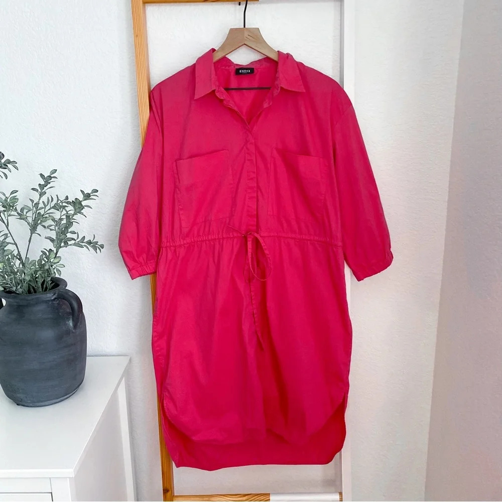 Emme Marella Dress Patch Pockets 3/4 Sleeves High Low Button Up Cinch Waist